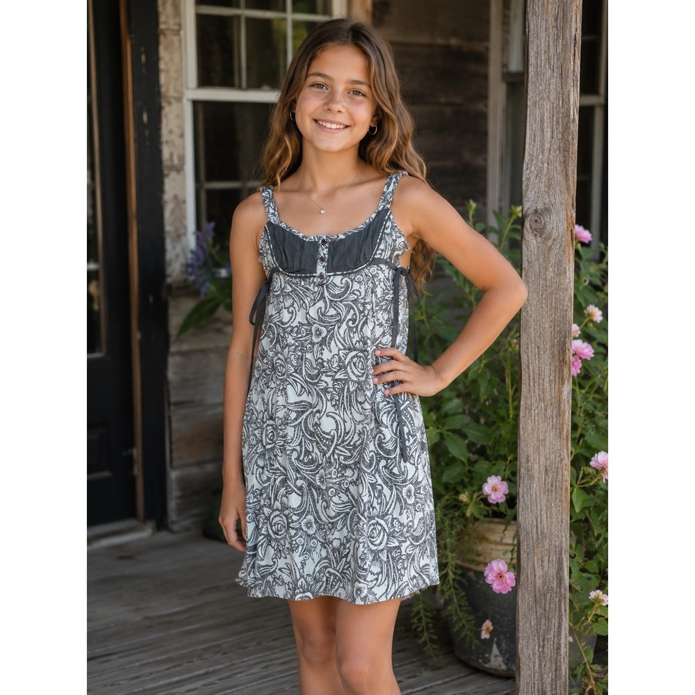 BCBGIRLS Kids Grey White Paisley Floral Sleeveless Dress‎ Size S Small RN 80734